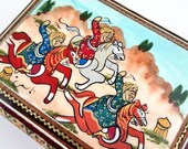 Ottoman Hunter Warrior Figures, Mosaic box inlay with mother of Pearl and Brass, Turkish Wooden Handmade Jewelry Box, Enamel Jewellery Gift