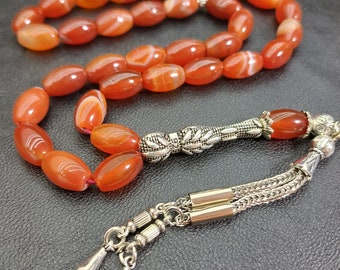 Yemeni Agate Tasbih, Red Carnelian Aqeeq Prayer Beads, Islamic Rosary
