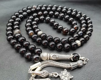 Black Agate Tasbih, 99 Islamic Misbaha, 8 mm Aqeeq Gemstone Tesbih, Natural Aqiq Tasbeeh, Sufi Muslim Ramadan Gift, Black Worry Beads