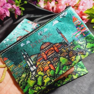 Istanbul Authentic Velvet Wallet, Turkish Coin Purse, Hagia Sophia Velvet Pouch, Handmade Women Makeup Bag, Bohemian Green Pencil Case