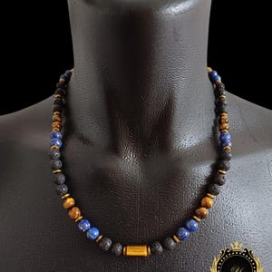 Lapis Lazuli Tigers Eye Lava Stone Beaded Men Necklace, Certificate of Authenticity Included