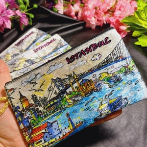 Istanbul authentische Samt Geldbörse, Frauen türkische Geldbörse, Istanbul Landschaft Motiv Geldbörse, handgemachte Make-up Tasche, Boho Federmäppchen
