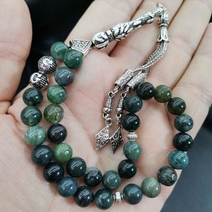 Customized Moss Agate Tasbih, Personalized Green Aqeeq Tesbih, 33 Beads Islamic Misbaha, Natural Gemstone Tasbeeh, Real Aqeeq Rosary Gift