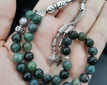 Customized Moss Agate Tasbih, Personalized Green Aqeeq Tesbih, 33 Beads Islamic Misbaha, Natural Gemstone Tasbeeh, Real Aqeeq Rosary Gift
