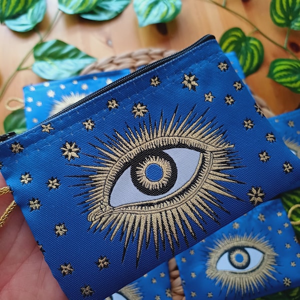 Portefeuille authentique bleu Evil Eye, porte-monnaie turc fait main, cadeau de mariage bleu, jolie trousse, cadeau enseignant, trousse de maquillage bleue
