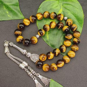 Large Tiger Eye Tasbih, 10 mm Big Size Prayer Beads, Handmade Tesbih Gift for Men, 33 Beads Islamic Misbaha, Real Gemstone Worry Beads