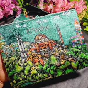 Carteira de veludo autêntica de Istambul, porta-moedas turco, carteira de veludo Hagia Sophia, bolsa de maquiagem feminina feita à mão, estojo verde grande