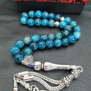 Apatite Tasbih, Blue Gemstone Prayer Beads, Meditation Self Hypnosis Beads, 33 pcs Islamic Misbaha, Blue Sufi Muslim Tasbeeh, Worry Beads