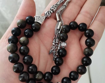 Obsidian Tasbih, 33 pcs Black Tesbih, Big Size Rosary, Gift for Him, Islamic Misbaha, Turkish Prayer Beads, Worry Beads Tasbeeh