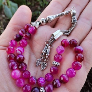 Pink Agate Rosary, 33 pcs Islamic Misbaha, Turkish Prayer Beads, Valentine's Day Gift, Worry Beads Tesbih, Natural Akik Beads