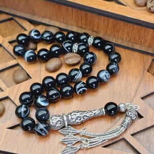 925 zilveren zwarte agaat tasbih, Sulemani Aqeeq-rozenkrans, 33 kralen Aqiq Tesbih, Memorial Tasbih met aangepaste doos, luxe edelsteen gebedskralen