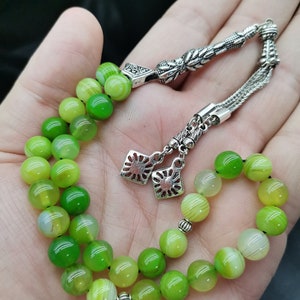 Tasbih in agata verde: 33 grani di preghiera islamici turchi, certificato di autenticità incluso. immagine 11