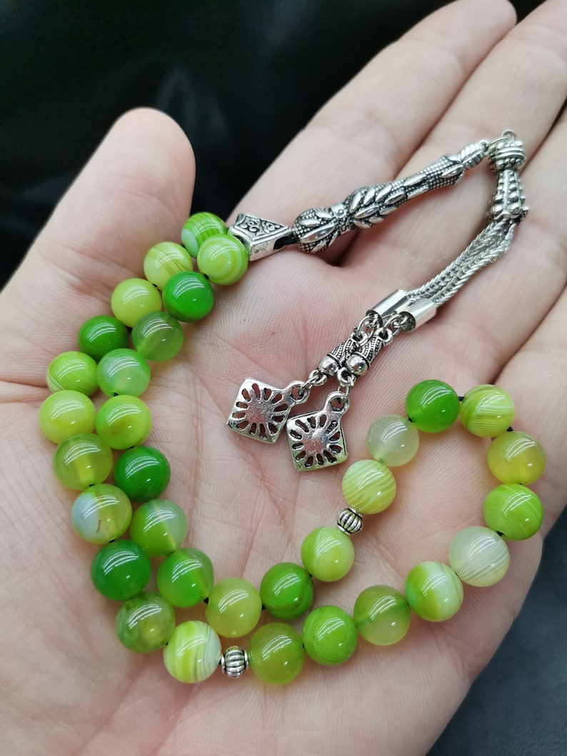 Tasbih in agata verde: 33 grani di preghiera islamici turchi, certificato di autenticità incluso. immagine 11