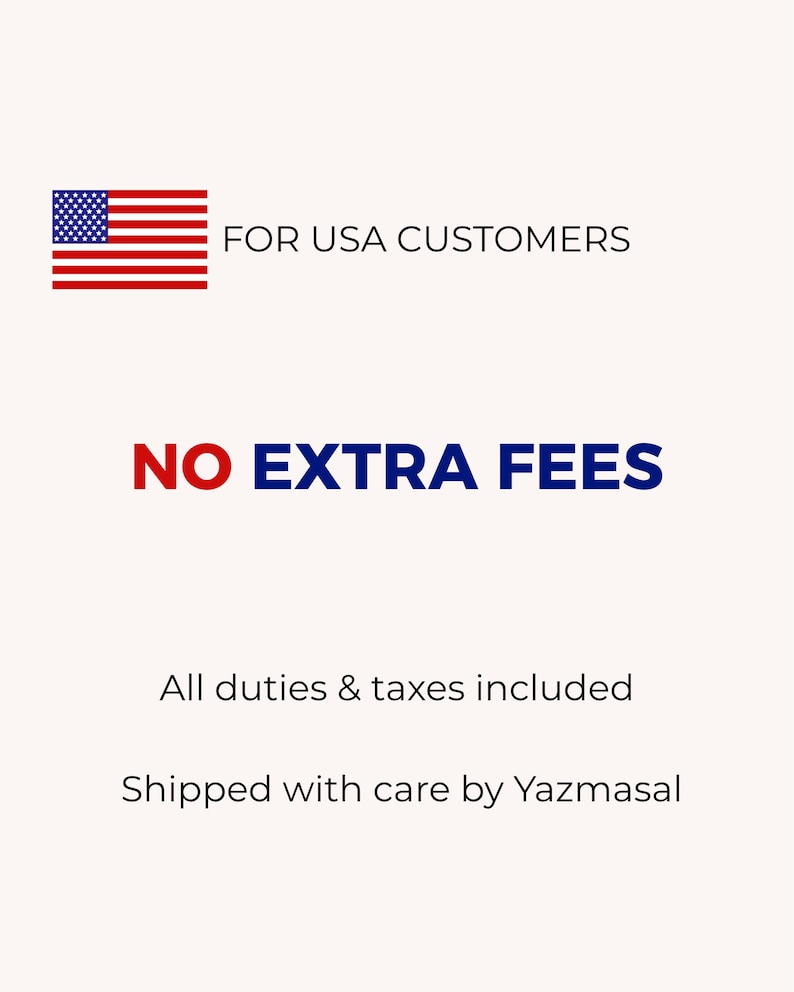 May include: Image with the text "FOR USA CUSTOMERS" and the American flag. The text "NO EXTRA FEES" is in bold red and blue. Additional text states "All duties & taxes included".