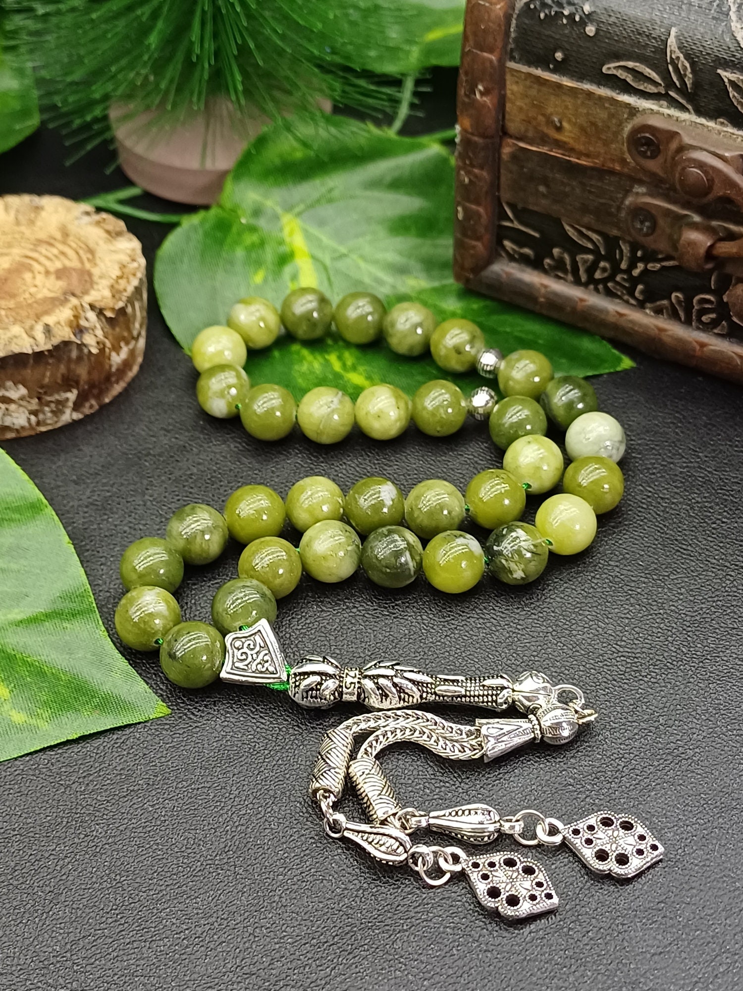 Green Jade Prayer Beads, 33 Islamic Misbaha, Certificate of