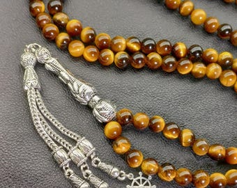 タイガーアイの祈祷用数珠99個：6mmの小さなビーズのイスラム教徒用数珠