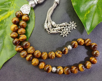 Rosario de ojo de tigre con caja de madera personalizada, regalo para el Día del Padre