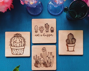 Wooden Cactus Coaster, Set of 4 Coaster Gift, Cute Cactus Laser Engraved Coaster, Cactus Wooden Cup Coaster Set Favor, Gift for Teacher