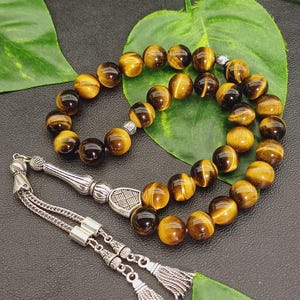 Tiger Eye Tasbih Prayer Beads, Islamic Misbaha, Gemstone Worry Beads