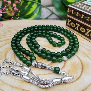 Green Jade Tasbih, 99 Islamic Misbaha, Natural Stone Tasbeeh, Real Gemstone Worry Beads, Sufi Muslim Tesbih Gift, 6 mm Jade Rosary