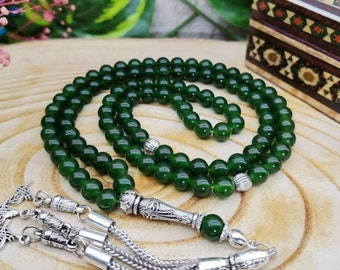 Green Jade Tasbih, 99 Islamic Misbaha, Natural Stone Tasbeeh, Real Gemstone Worry Beads, Sufi Muslim Tesbih Gift, 6 mm Jade Rosary