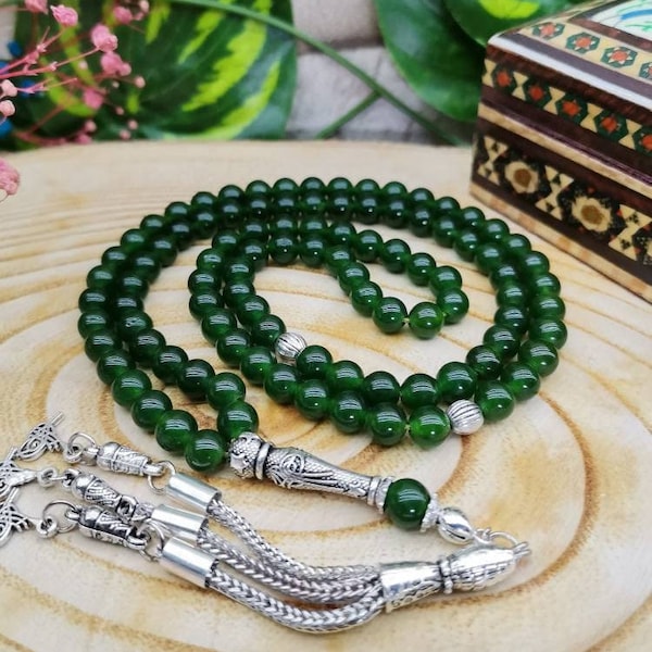 Tasbih en jade vert, 99 misbaha islamiques, Tasbeeh en pierre naturelle, Perles d'inquiétude en pierres précieuses véritables, cadeau Tesbih pour musulman soufi, chapelet en jade 6 mm