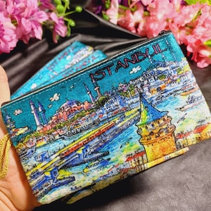 Carteira de veludo autêntica de Istambul, porta-moedas turco azul, carteira com paisagem de Istambul, bolsa de maquiagem autêntica feita à mão, estojo boho