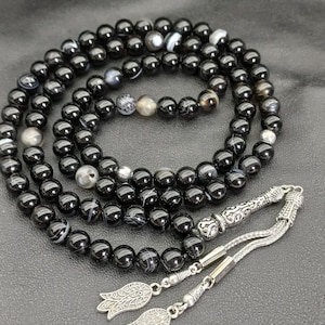 Ágata Negra Tasbih, 99 Misbaha Islámica, Tesbih de Piedra Preciosa Aqeeq de 8 mm, Aqiq Tasbeeh Natural, Regalo del Día del Padre Musulmán Sufí, Cuentas de Preocupación Negra
