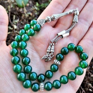 Green Agate Tasbih, Aqeeq  Prayer Beads, 33 pcs Islamic Misbaha, Natural Akik Tesbih, Muslim Worry Beads, Sufi Tasbeeh, Aqiq Gemstone Rosary