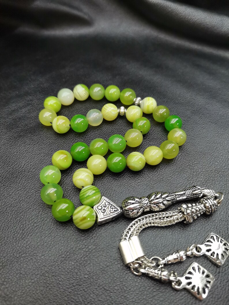 Tasbih in agata verde: 33 grani di preghiera islamici turchi, certificato di autenticità incluso. immagine 5
