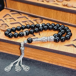 925 zilver zwarte onyx tasbih, elegante rozenkrans 925, 33 kralen luxe tesbih, onyx edelsteen gebedskralen, zwarte zorgkralen cadeau