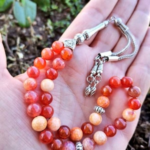 Real Fire Agate Tasbih, Red Aqeeq Prayer Beads, 33 Islamic Misbaha, Aqiq Tasbeeh Favor, Natural Akik Tesbih, Sufi Muslim Worry Beads Gift