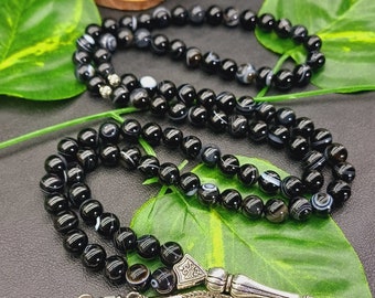 99 Sulemani Aqeeq Tasbih, Black Eye Agate Tasbeeh, Akik Islamic Misbaha, 8 mm Muslim Prayer Beads, Tesbih Gift for Father, Aqiq Sufi Rosary