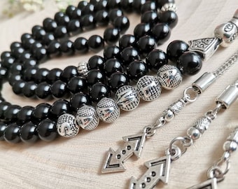 Tasbih personnalisé en onyx noir, 99 misbaha islamiques personnalisées, tesbih en onyx naturel de qualité AAA, perles de prière turques, chapelet en pierres précieuses de 8 mm