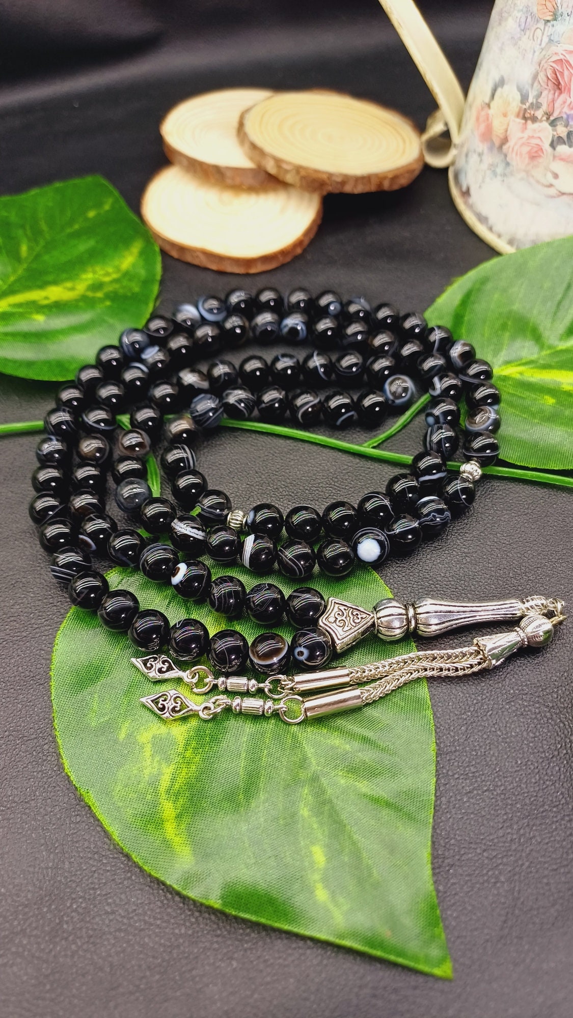 99 Black Agate Tasbih: Sulemani Aqeeq Islamic Prayer Beads