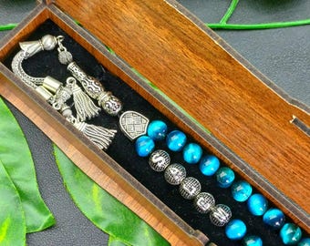 Gepersonaliseerde blauwe tijgeroog-tasbih: islamitisch gebedskralen, cadeau moslim