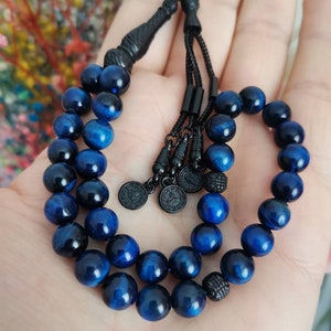 Blue Tiger Eye Tasbih, Muslim Prayer Beads, 33 Islamic Misbaha, Black Tassel, 8 mm Worry Beads Tesbih, Tasbeeh Gift for Men, Quality Rosary