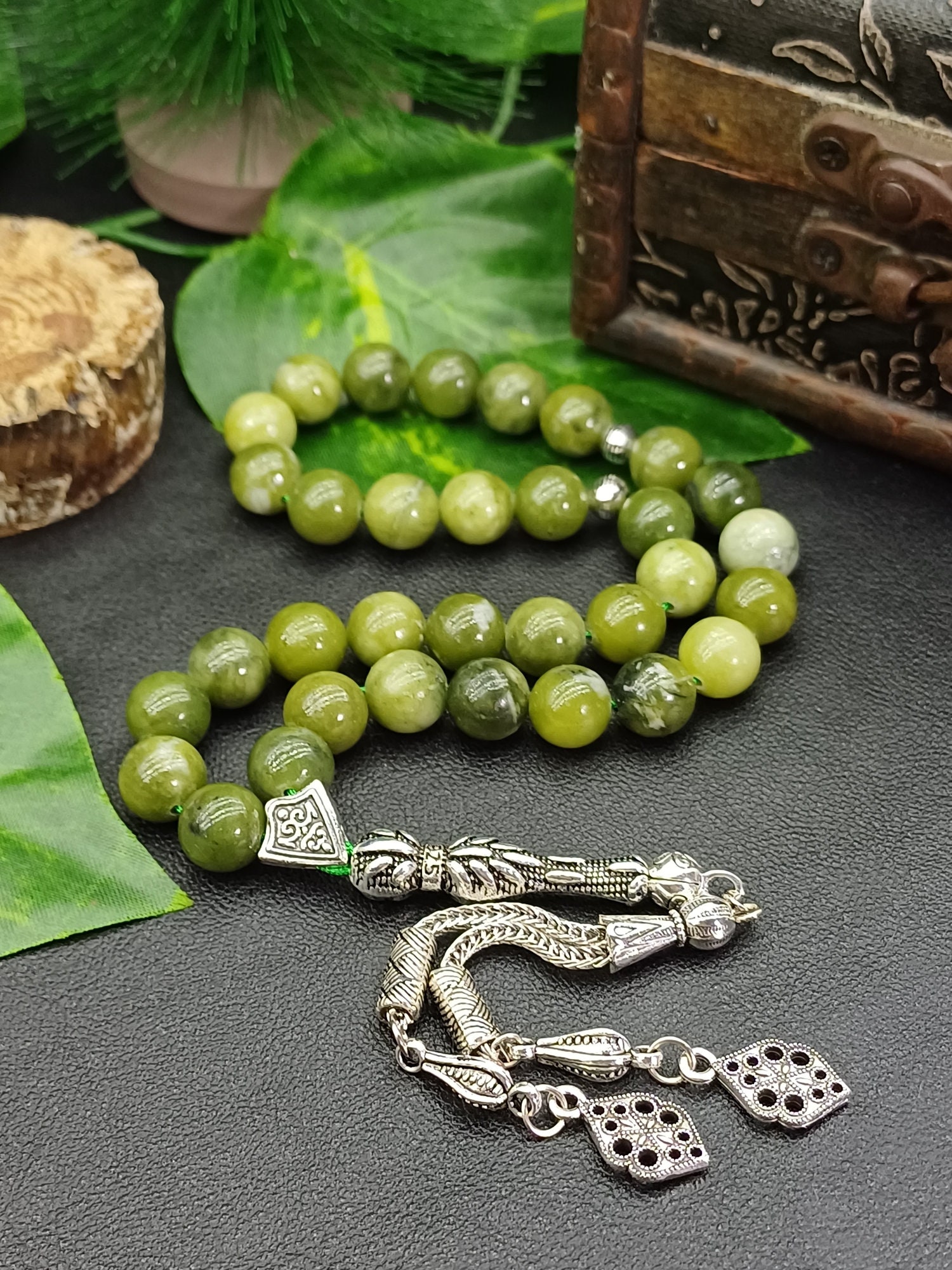Green Jade Prayer Beads, 33 Islamic Misbaha, Certificate of