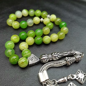 Tasbih in agata verde: 33 grani di preghiera islamici turchi, certificato di autenticità incluso. immagine 1