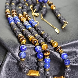 Lapis Lazuli Tiger Eye Lava Stone Beaded Men Necklace