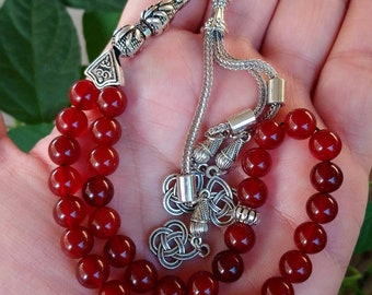 Carnelian Agate Tasbih: Red Yemeni Aqeeq Prayer Beads, 33 Beads Rosary