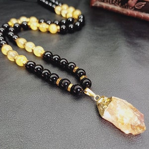 Citrine Onyx Men Necklace, Abundance Necklace Gift, Bohoemian Man Necklace, Real Gemstone Beaded Necklace, Black Yellow Natural Boho Jewelry