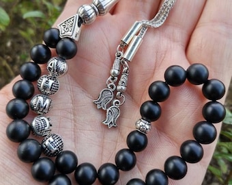 Personalized Matte Black Onyx Tasbih, Customized Onyx Rosary Gift, Name Natural Stone Tesbih, Father's Day Gift, 33 Beads Islamic Misbaha