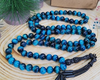 Rosario de ojo de tigre azul, tasbih de piedras preciosas de 99 cuentas, misbaha islámico de 8 mm, rosario para hombres