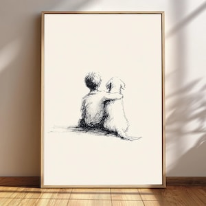 Gerahmte Kind und Welpe Skizze, Junge und Hund Illustration, Schwarz und Weiß Kinderzimmer Dekor, Tier Freundschaft Kunstwerk, Junge Kleinkind Dekor, Golden