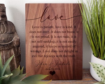 Corinthians 13 Prayer Engraved, Love is Patient, Love is Kind, Newlywed Gift, Engagement Gift, Engraved Prayer on Wood, Scripture Present