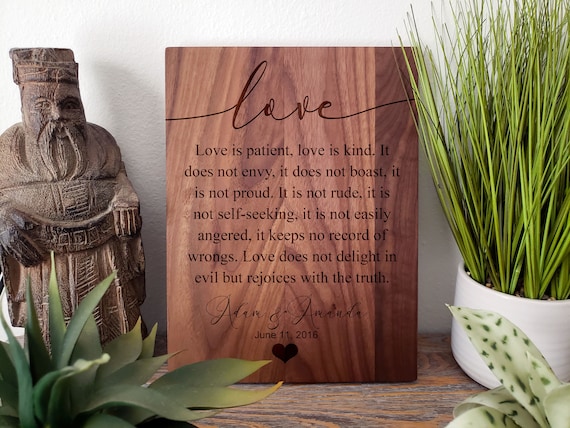 Corinthians 13 Prayer Engraved, Love is Patient, Love is Kind, Newlywed Gift, Engagement Gift, Engraved Prayer on Wood, Scripture Present