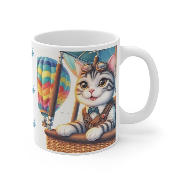 Cat Balloon Pilot Coffee Mug, Perfect Gift for Cat Lover and Pilot, Drinking Cup, Unique Aviator Feline Themed Present, Aviation, Flying