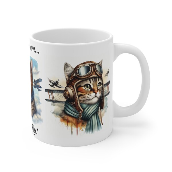 Pilot Flying Cat Coffee Mug, Perfect Gift for Feline Lover and Pilots, Drinking Cup, Aviation, Plane, Aircraft, Unique Feline Themed Present