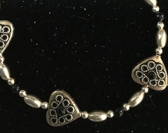 Sterling Silver Beaded Stretch Bracelet with Black Crystals Accented with Silver Hearts Adorned with Black Crystals